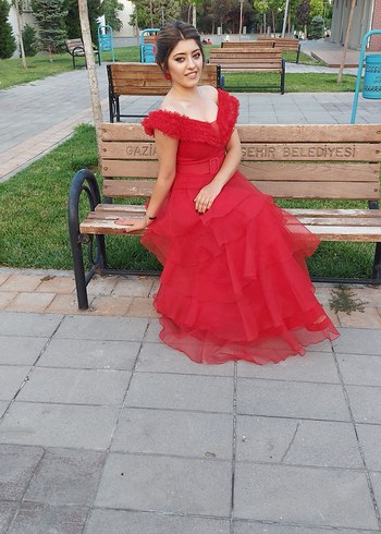 Kırmızı Straplez Fırfırlı Uzun Abiye Elbise - Görsel 4