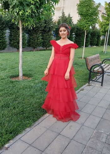 Kırmızı Straplez Fırfırlı Uzun Abiye Elbise - Görsel 2