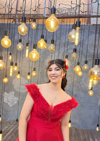 Kırmızı Straplez Fırfırlı Uzun Abiye Elbise - Görsel 7