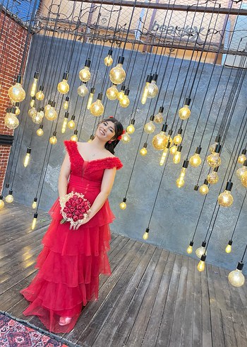 Kırmızı Straplez Fırfırlı Uzun Abiye Elbise - Görsel 8