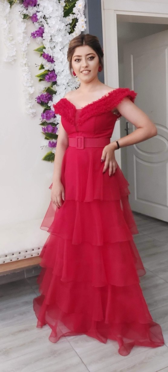 Kırmızı Straplez Fırfırlı Uzun Abiye Elbise - Görsel 3