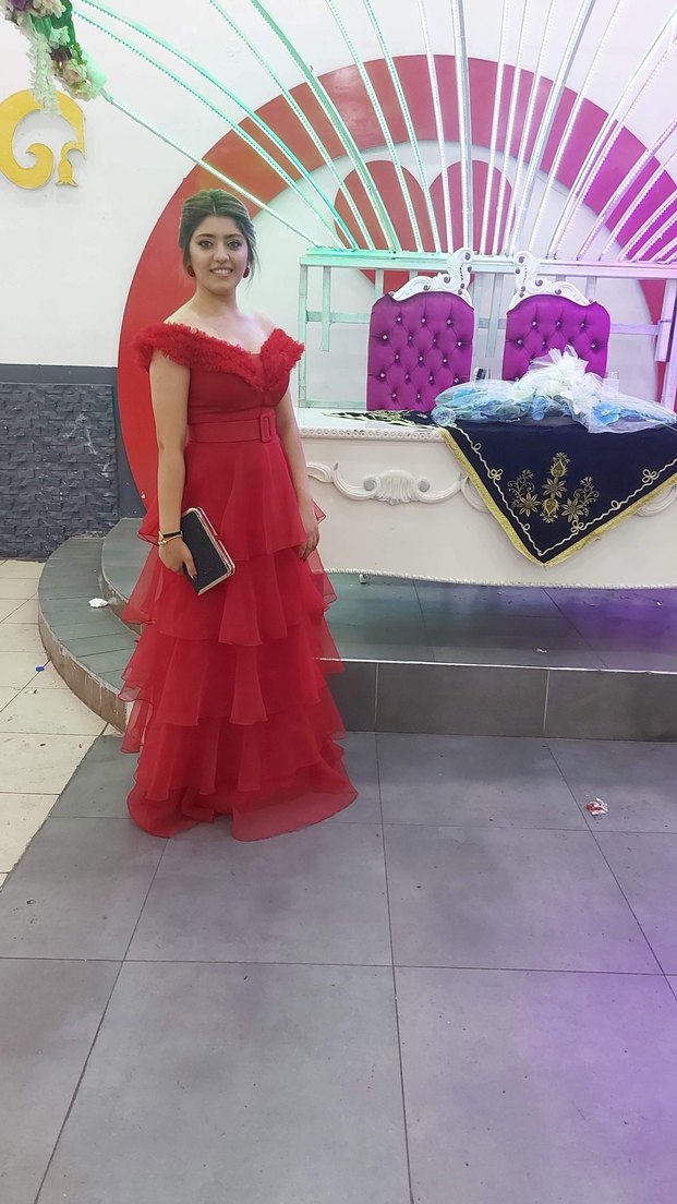 Kırmızı Straplez Fırfırlı Uzun Abiye Elbise - Görsel 5