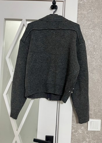 Nakışlı Gri Triko Kadın Kazak Hırka - Görsel 6