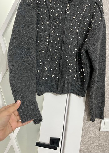 Nakışlı Gri Triko Kadın Kazak Hırka - Görsel 3