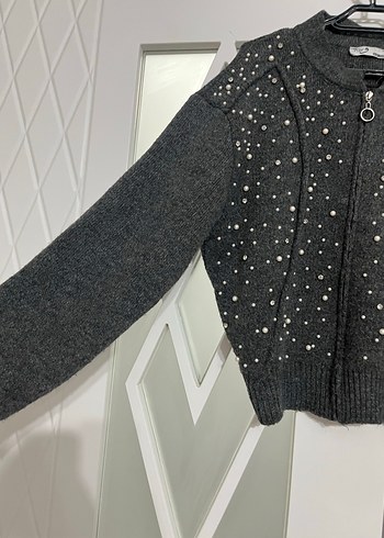 Nakışlı Gri Triko Kadın Kazak Hırka - Görsel 4