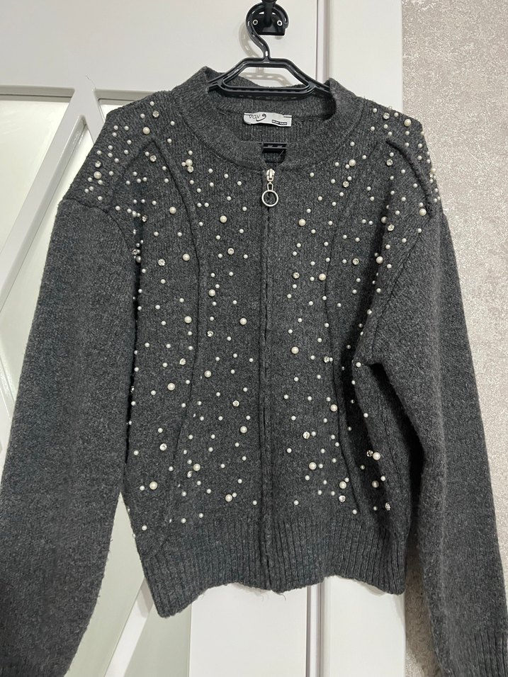 Nakışlı Gri Triko Kadın Kazak Hırka - Görsel 5