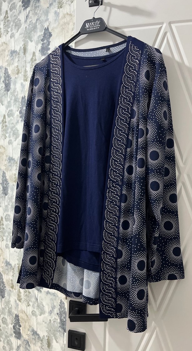 Mavi Desenli Uzun Bohem Kimono İkili takım - Görsel 4