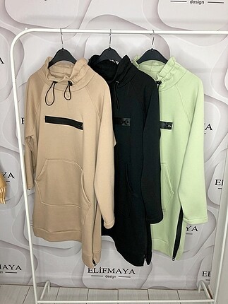 Vizon renk fermuar detaylı üç iplik kumaş uzun sweatshirt