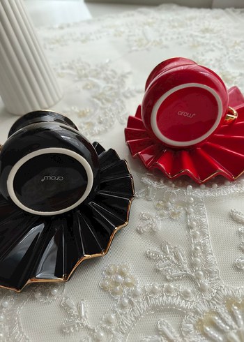 Kırmızı ve Siyah Fırfırlı Seramik Fincan Seti - Görsel 3