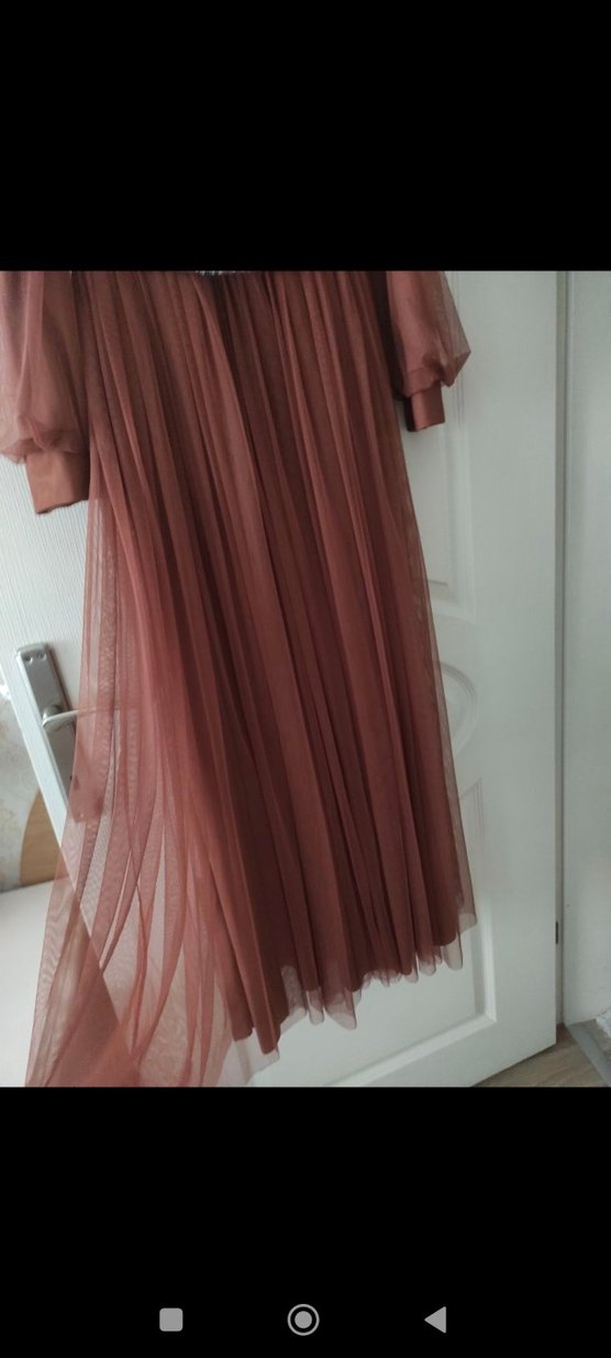 Kahverengi Uzun Kollu Drapeli Abiye Elbise - Görsel 2