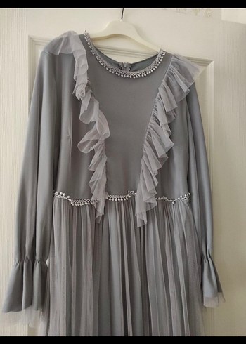 Gri Uzun Kollu Fırfırlı Bohem Elbise - Görsel 2