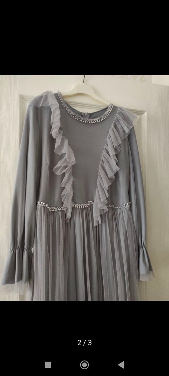 Gri Uzun Kollu Fırfırlı Bohem Elbise - Görsel 2