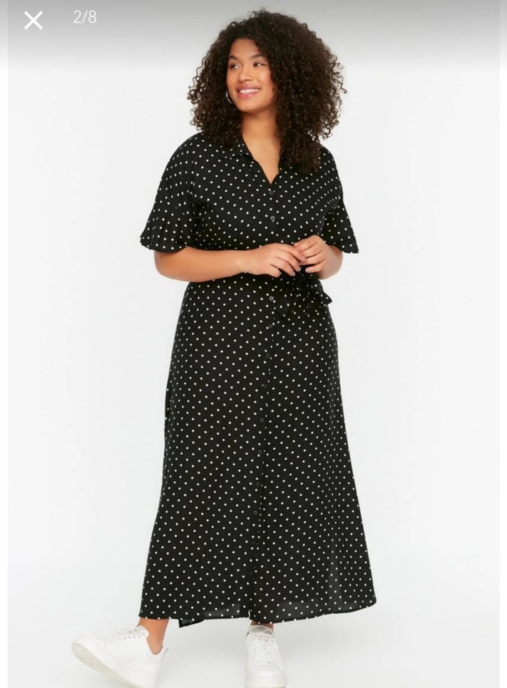 Siyah Puantiyeli Kuşaklı Uzun Elbise - Görsel 2