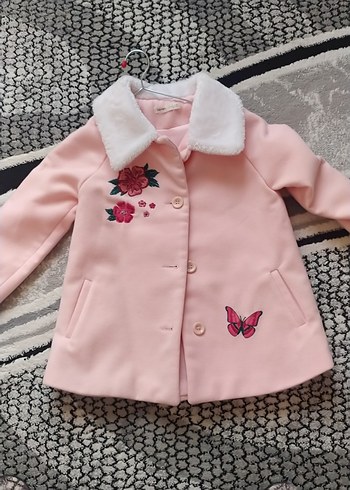 Düğmeli Pembe Nakışlı Kız Çocuk Kaban - Görsel 2