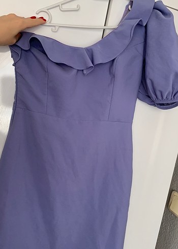 Mor Midi Elbise, Fırfırlı, Kayık Yaka