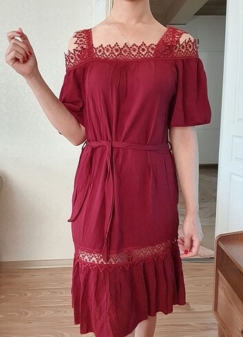 l Beden bordo Renk Elbise 