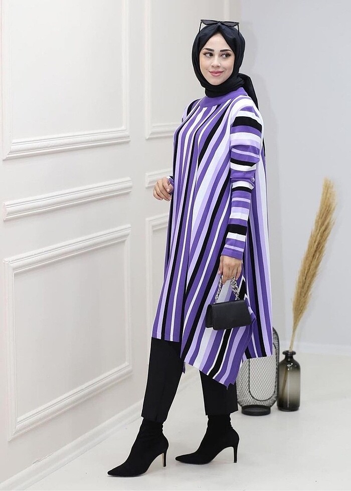 Çizgili uzun triko tunik - Görsel 2