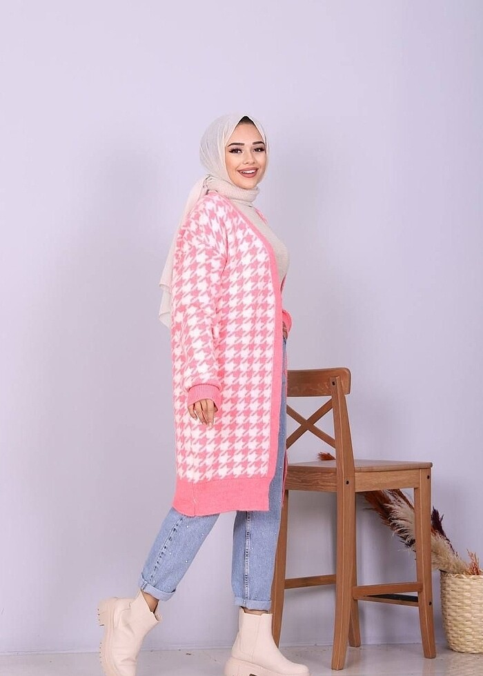 Kazayağı desen, pembe, kışlık, triko hırka - Görsel 2