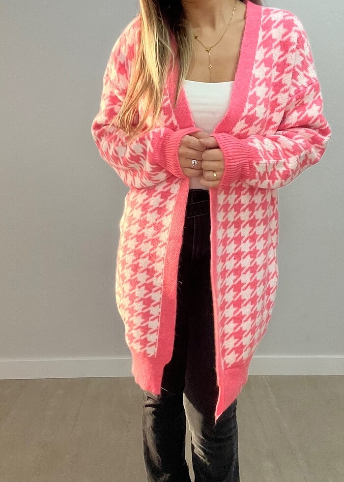 Kazayağı desen, pembe, kışlık, triko hırka - Görsel 3