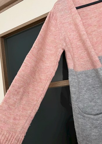 Gri Pembe Renkli Uzun Kadın Hırka - Görsel 2