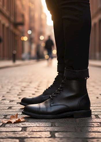 Siyah Deri Bağcıklı Erkek Bot - Görsel 2