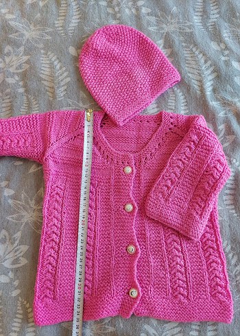 Kız Çocuk Pembe Örgü Hırka ve Şapka Takımı - Görsel 2