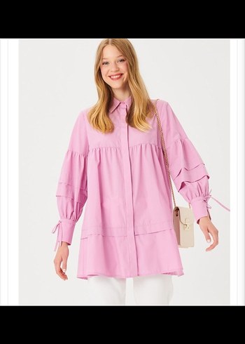 Pembe Fırfırlı Pamuklu Mini Gömlek