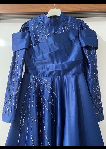 Drapeli Mavi Uzun Abiye Elbise - Görsel 3