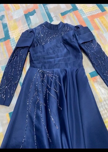 Drapeli Mavi Uzun Abiye Elbise - Görsel 2