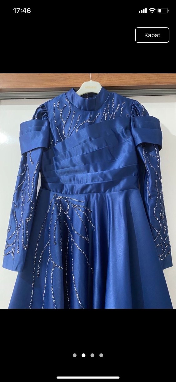 Drapeli Mavi Uzun Abiye Elbise - Görsel 3