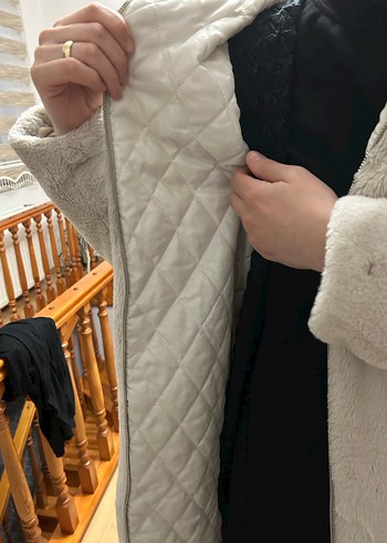 Gri Kapüşonlu Kadın Polar Kaban - Görsel 5