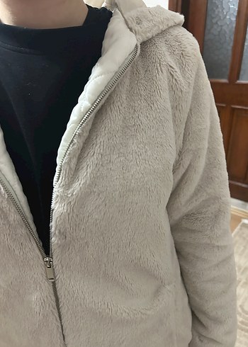 Gri Kapüşonlu Kadın Polar Kaban - Görsel 4