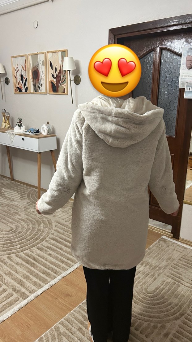 Gri Kapüşonlu Kadın Polar Kaban - Görsel 3