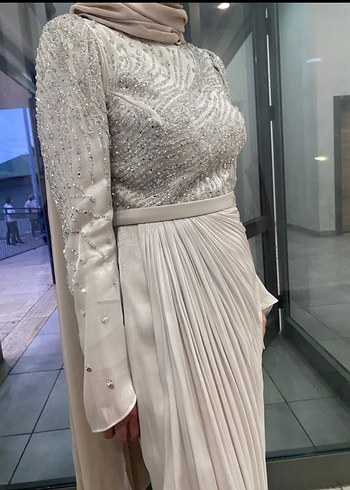 Bej Drapeli Uzun Abiye Elbise - Görsel 2