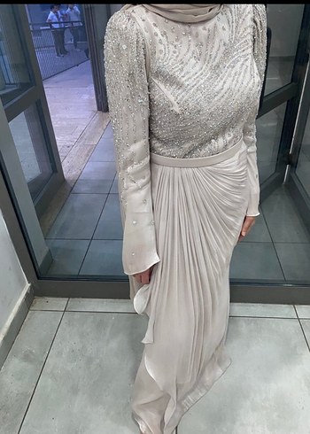 Bej Drapeli Uzun Abiye Elbise - Görsel 3