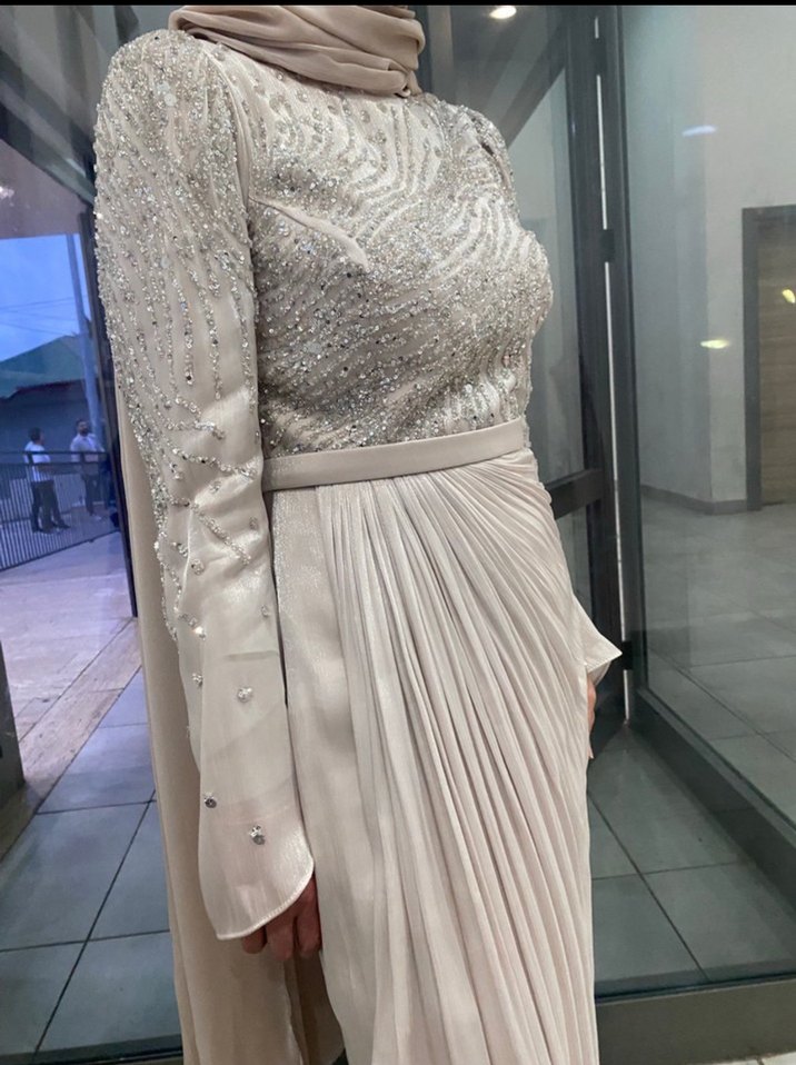 Bej Drapeli Uzun Abiye Elbise - Görsel 2