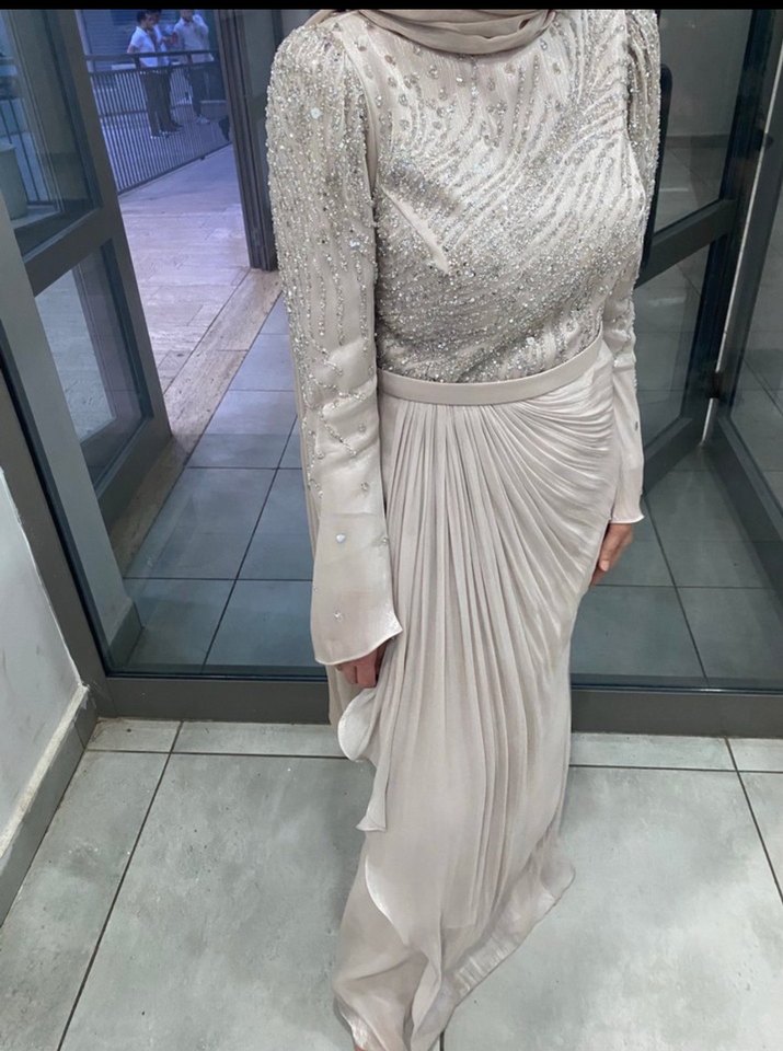 Bej Drapeli Uzun Abiye Elbise - Görsel 3