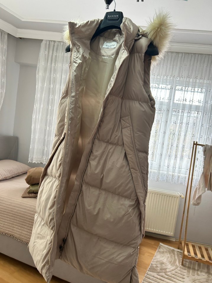 Suni Kürklü Uzun Bej Kadın Yelek - Görsel 5