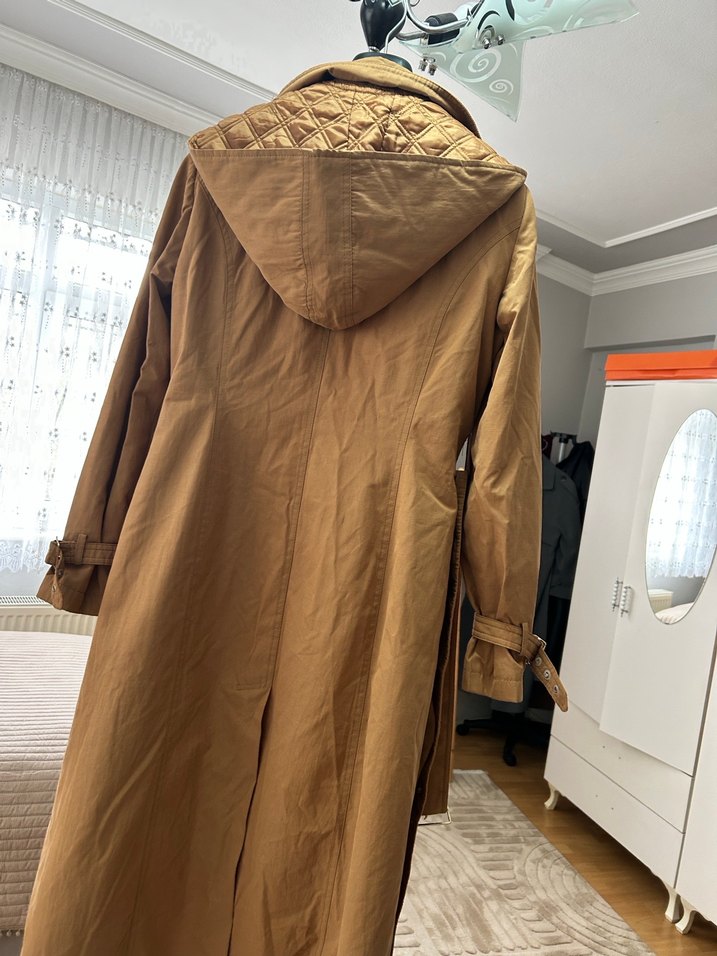 Bej Uzun Keten Kadın Trençkot - Görsel 4