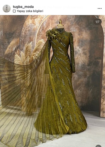 Uzun Kol, Yüksek Yakalı haki Bohem Kadın Elbise - Görsel 2