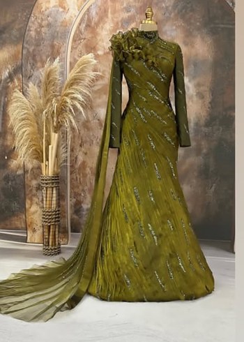 Uzun Kol, Yüksek Yakalı haki Bohem Kadın Elbise - Görsel 3