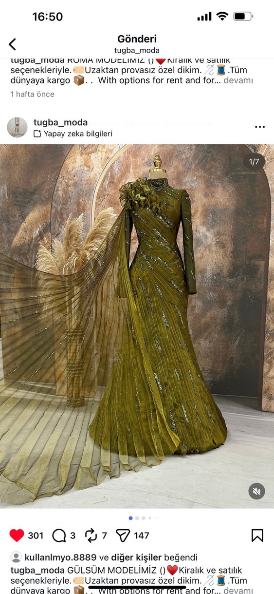 Uzun Kol, Yüksek Yakalı haki Bohem Kadın Elbise - Görsel 2