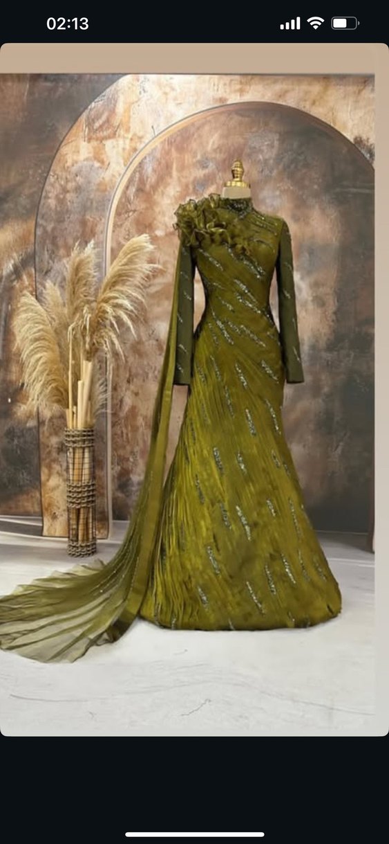 Uzun Kol, Yüksek Yakalı haki Bohem Kadın Elbise - Görsel 3