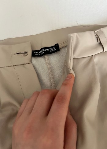 Bej Deri Kadın Kumaş Pantolon - Görsel 2