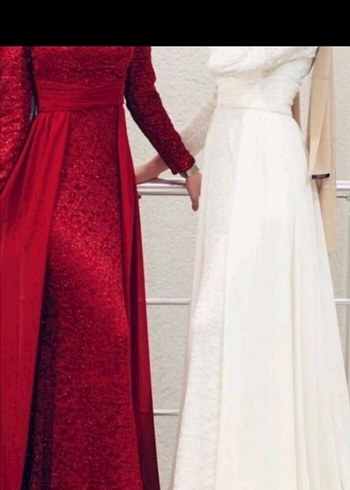 Uzun Kollu Kırmızı Drapeli Abiye Elbise - Görsel 2