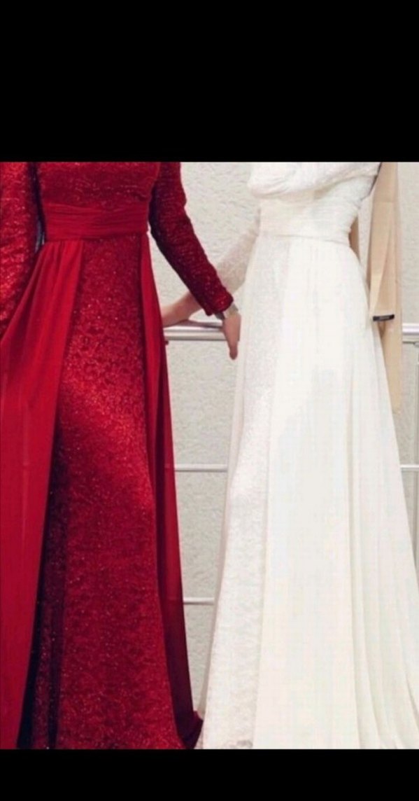 Uzun Kollu Kırmızı Drapeli Abiye Elbise - Görsel 2