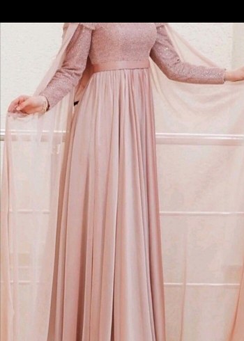 toz pembe Drapeli Uzun Abiye Elbise - Görsel 2