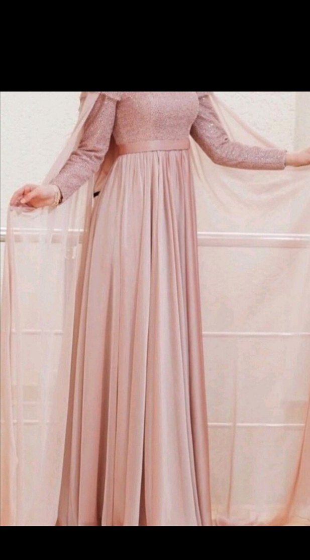 toz pembe Drapeli Uzun Abiye Elbise - Görsel 2