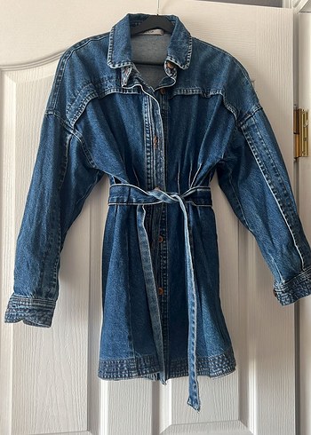 Kadın Mavi Kemerli Denim Ceket