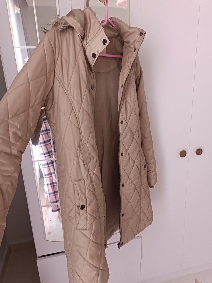 Düğmeli Bej Midi Kadın Mont - Görsel 2